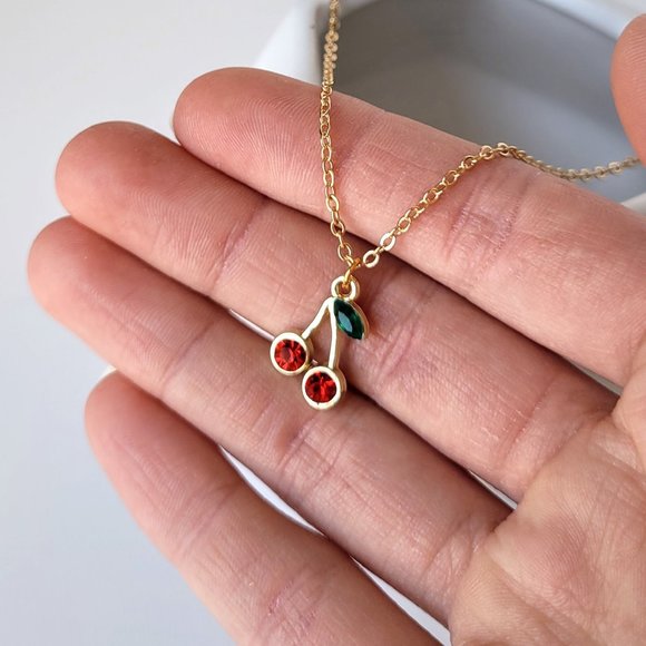 Red Cherry Necklace with Rhinestones Dainty Gold Chain Choker Y2K Jewelry - Picture 4 of 10
